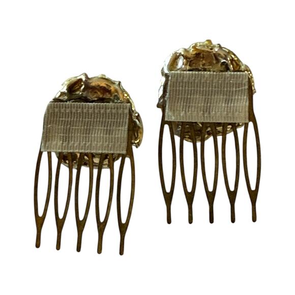 intage Floral Hair Combs White Blossom Pink Rhinestone Bridal Romantic Set - Picture 3 of 3